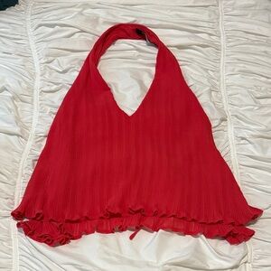 Fabrik red backless halter top ruffled hem flowy women’s large adjustable back